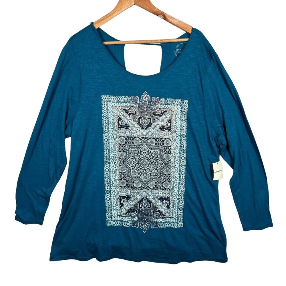 Womens Lucky Brand 2X Blue Top Shirt Long Sleeve Boho Print Criss Cross Back NWT